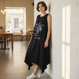 Shiny O/S Black Sleeveless Long Dress with Silver Butterfly Design NWT